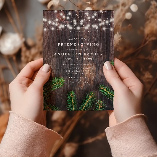 Rustic Pine String Lights Houts Friendsgiving Part Kaart