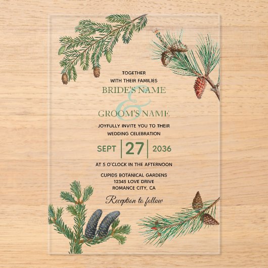 Rustic Pine Trees Forest Greenery Wedding Acryl Uitnodigingen (Voorkant)