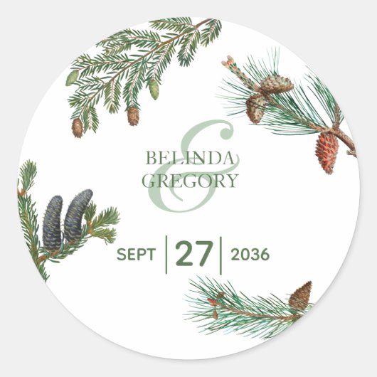 Rustic Pine Trees Forest Greenery Wedding Ronde Sticker (Voorkant)