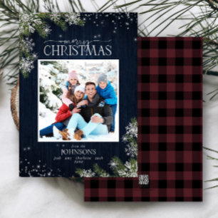 Rustic Pine Wood Snowflakes Merry Family Foto Feestdagenkaart