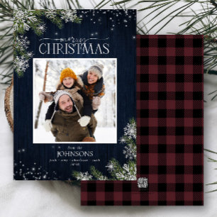 Rustic Pine Wood Snowflakes Merry Family Foto Feestdagenkaart