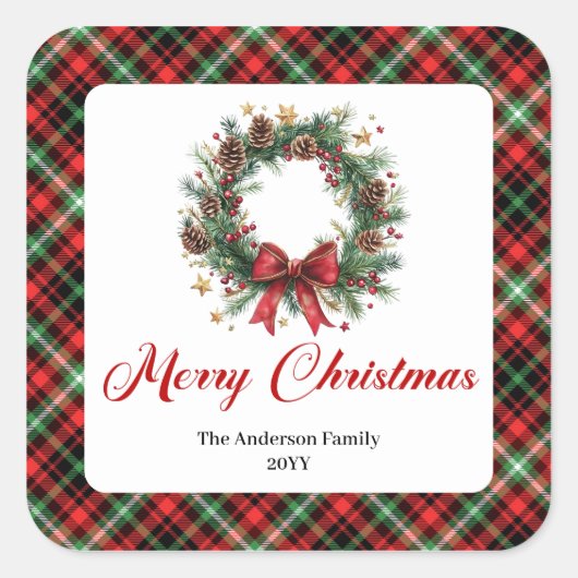 Rustic Pine Wreath Custom Name Christmas Stickers (Devant)