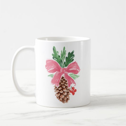 Rustic Pinecone Christmas Mug with Red Bow (Gauche)