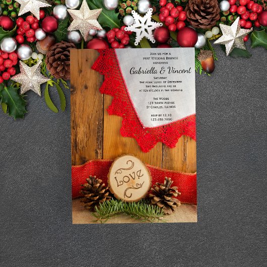 Rustic Pines Red Lace Winter Post Wedding Brunch Kaart