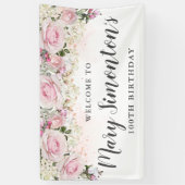 Rustic Pink and White Floral 100th Birthday Spandoek (Verticaal)