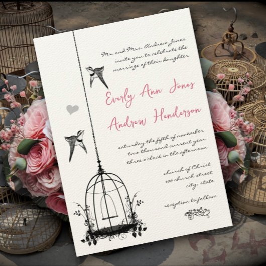 Rustic Pink Birdcage Roos Quartz Wedding Kaart