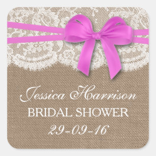 Rustic Pink Bow, Burlap & Lace Vrijgezellenfeest Vierkante Sticker