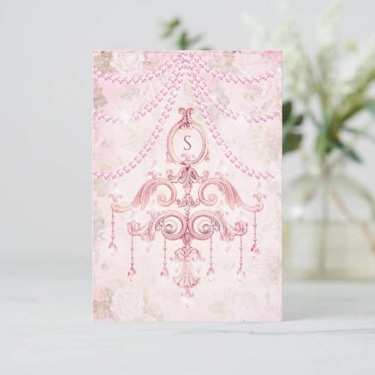 Rustic Pink Chandelier Waterverf Monogram Bedankkaart (Staand voorkant)