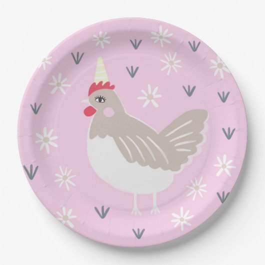 Rustic Pink Chicken Illustration Papieren Bordje (Voorkant)