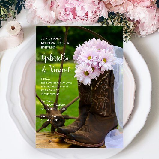Rustic Pink Daisies Boots Wedding Rehearsal Dinner Kaart