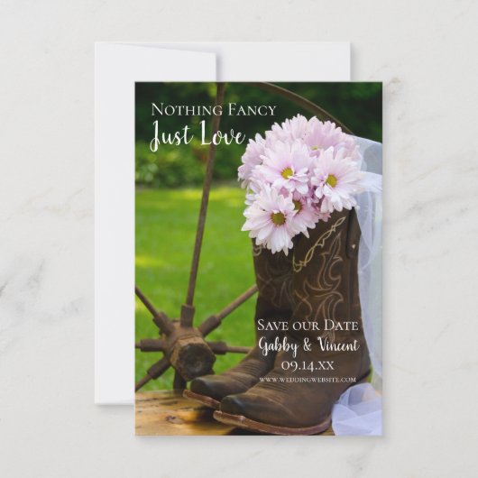 Rustic Pink Daisies Cowboy Boots Westerne bruiloft Save The Date (Voorkant)