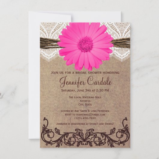 Rustic Pink Daisy Bridal Shower Invitations Kaart (Voorkant)