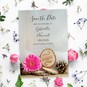 Rustic Pink Daisy Woodland Wedding Save the Date Kaart
