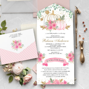 Rustic Pink en Gold Floral Baby shower All In One Uitnodiging
