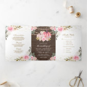 Rustic Pink en Gold Pumpkin Floral Wood Wedding Drieluik Uitnodiging (Binnen)