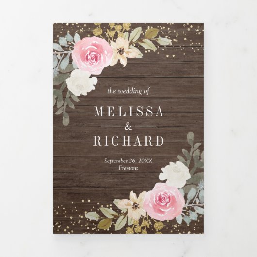Rustic Pink en Gold Pumpkin Floral Wood Wedding Drieluik Uitnodiging (Cover)
