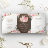 Rustic Pink en Gold Pumpkin Floral Wood Wedding Drieluik Uitnodiging