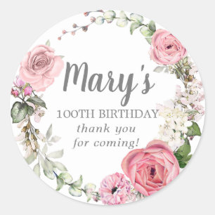 Rustic Pink Floral 100th Birthday Hartelijk dank Ronde Sticker