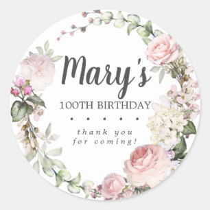 Rustic Pink Floral 100th Birthday Hartelijk dank Ronde Sticker