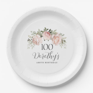 Rustic Pink Floral 100th Birthday Party Custom Papieren Bordje