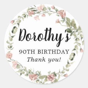 Rustic Pink Floral 90th Birthday Hartelijk dank Ronde Sticker