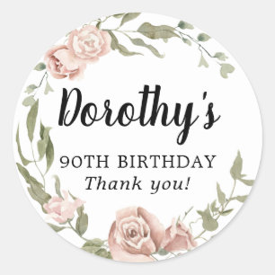 Rustic Pink Floral 90th Birthday Hartelijk dank Ronde Sticker