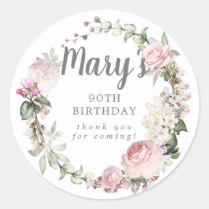 Rustic Pink Floral 90th Birthday Hartelijk dank Ronde Sticker