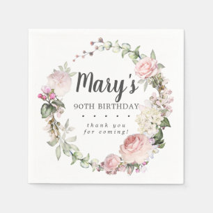 Rustic Pink Floral 90th Birthday Party Servet