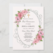 Rustic Pink Floral First Heilige Communie Kaart (Voorkant)