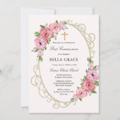 Rustic Pink Floral First Heilige Communie Kaart (Voorkant)