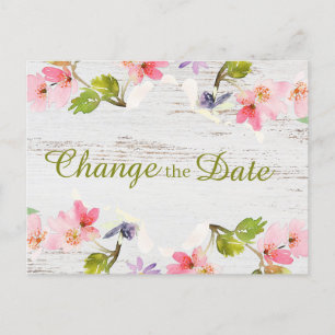 Rustic Pink Floral op White Wood Verander de datum Briefkaart