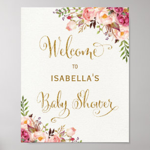 Rustic Pink Floral Rozen Baby shower Welkomstteken Poster