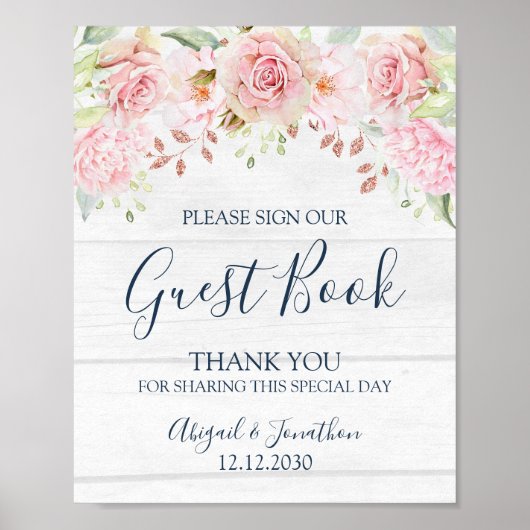 Rustic Pink Floral Spring Wedding Guest Book Sign Poster (Voorkant)