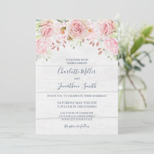 Rustic Pink Floral Spring Wedding Invitations (Debout devant)