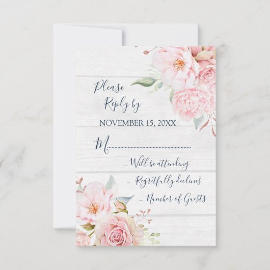 Rustic Pink Floral Spring Wedding Response Card RSVP Kaartje (Voorkant)
