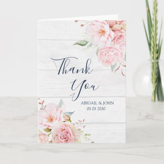 Rustic Pink Floral Spring Wedding Thank You Card Bedankkaart (Voorkant)