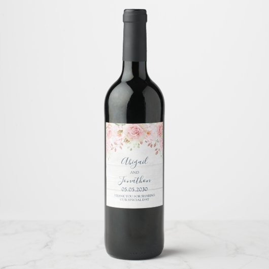 Rustic Pink Floral Spring Wedding Wine Label Wijn Etiket (Voorkant)