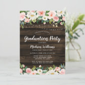 Rustic Pink Floral String Lights Graduparty Kaart (Staand voorkant)