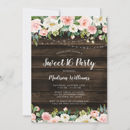 Rustic Pink Floral String Lights Sweet 16 Kaart (Voorkant)