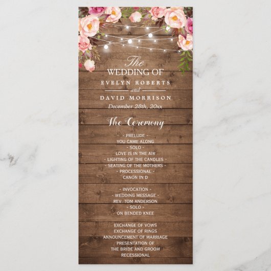 Rustic Pink Floral String Lights Wedding Programme Programma (Voorkant)