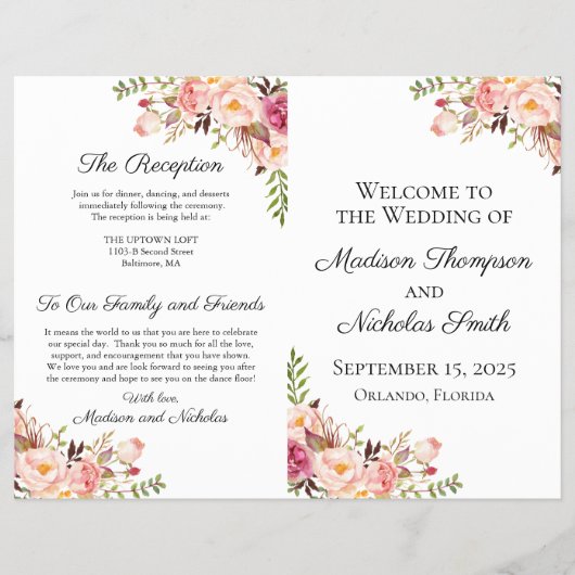 Rustic Pink Floral Wedding Programs Flyer (Voorkant)