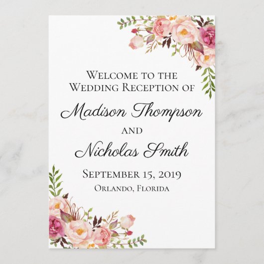 Rustic Pink Floral Wedding Reception Programma's (Voorkant)