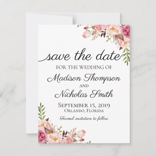 Rustic Pink Floral Wedding Save the Date Card (Voorkant)