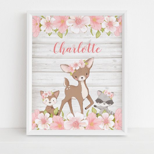 Rustic Pink Floral Woodland Animals Gepersonalisee Poster