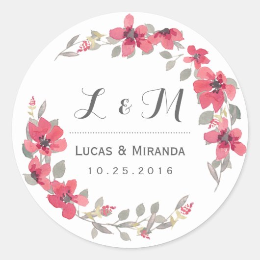 Rustic Pink Floral Wreath Monogram Wedding Sticker (Voorkant)