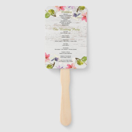 Rustic Pink Florals op White Wood Wedding Programm Handwaaier (Achterkant)