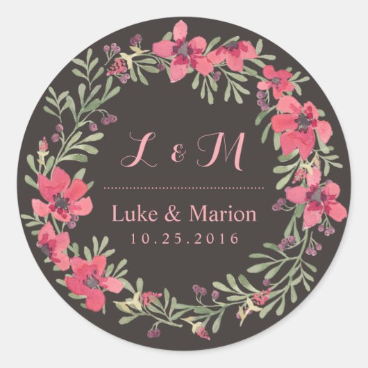 Rustic Pink Flower Wreath Monogram Wedding Sticker (Voorkant)