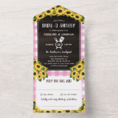 Rustic Pink Gingham Sunflower Baby-Q-Shower All In One Uitnodiging (Binnen)