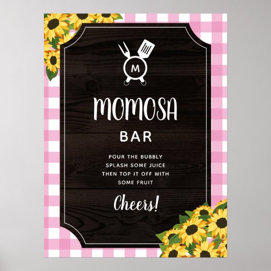 Rustic Pink Gingham Sunflower Monogram Momosa Bar Poster (Voorkant)