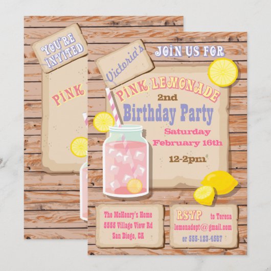 Rustic Pink Lemonade Birthday Party Kaart (Voorkant / Achterkant)